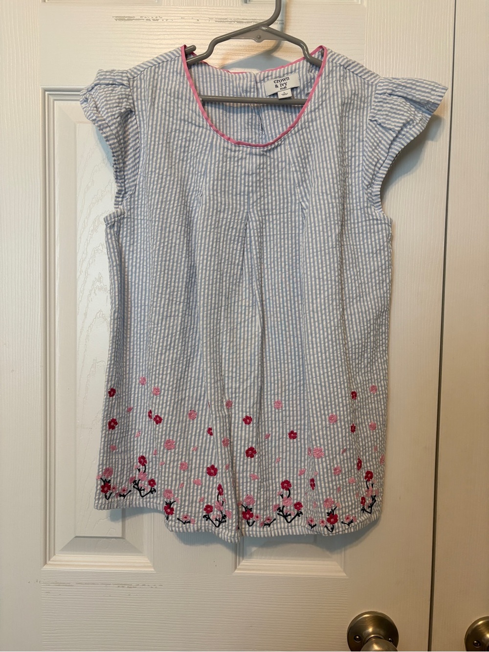 crown & ivy Blue and White Striped Top with Pink embroidered Trim
